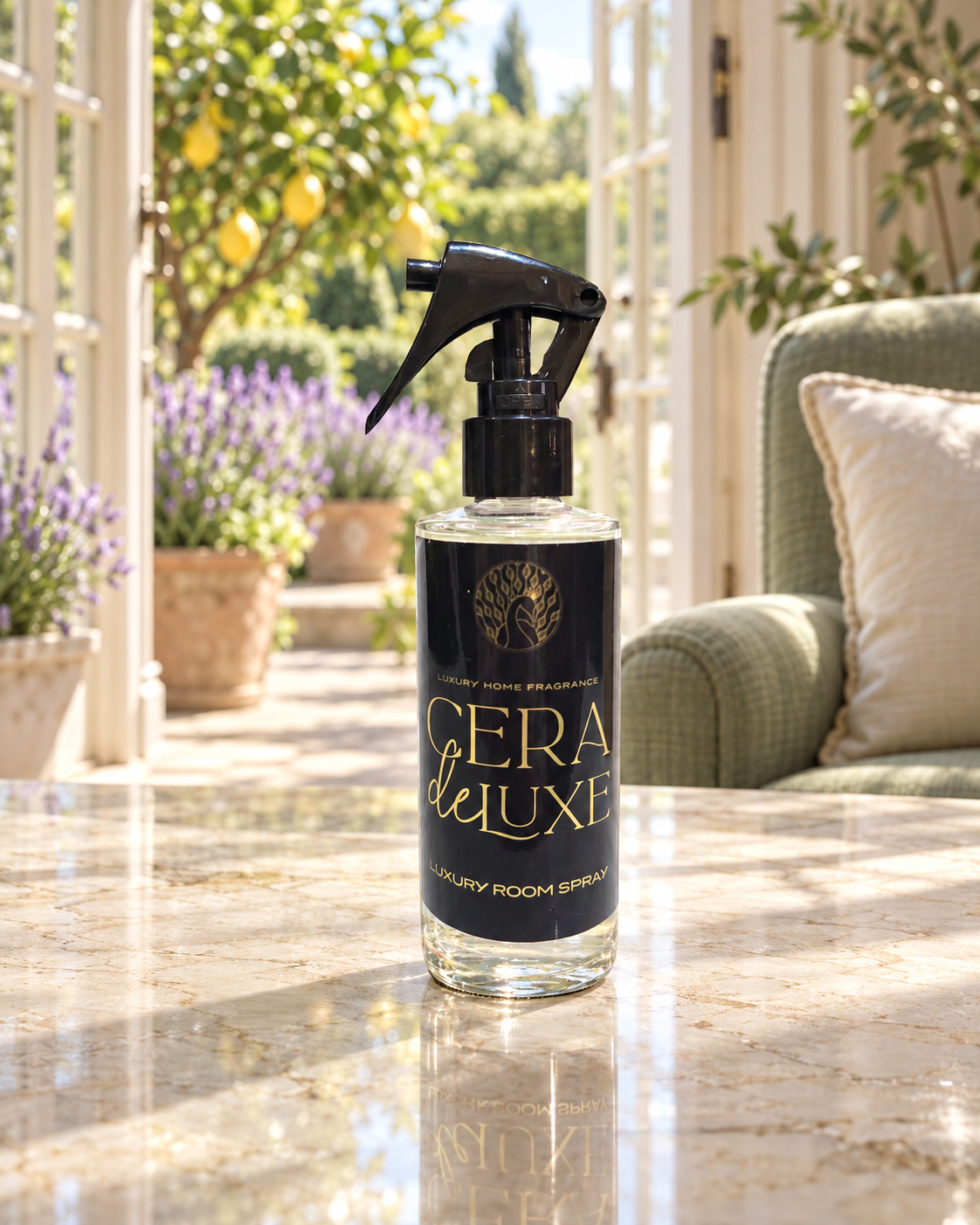 Cera De Luxe Lemon & Lavender room spray on a marble table beside open doors overlooking lavender and a lemon tree.