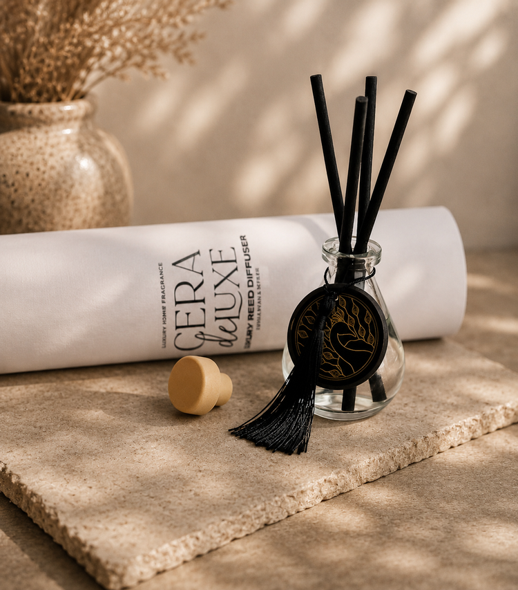 Cera De Luxe luxury clear glass reed diffusers displayed in an elegant home setting