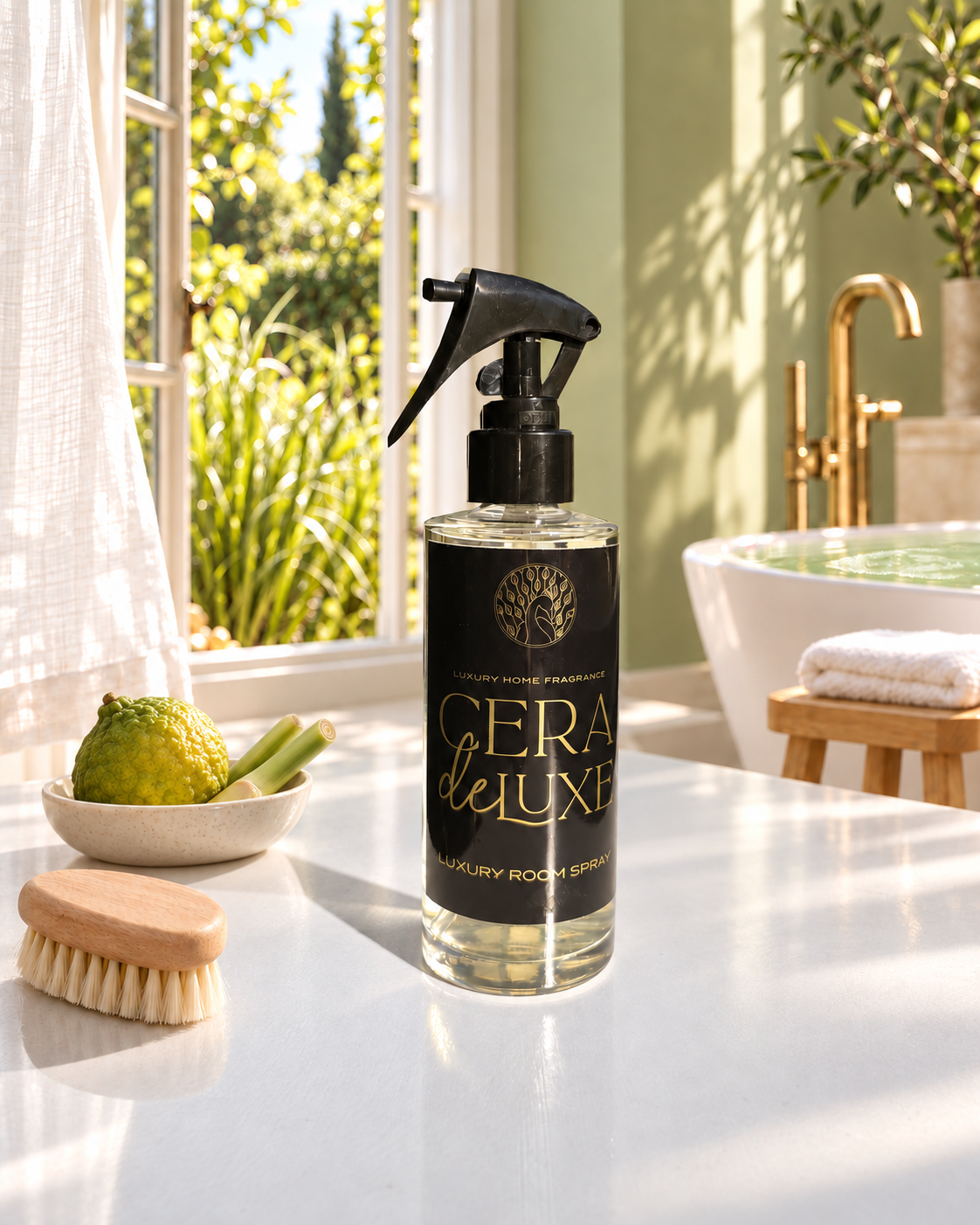 Cera De Luxe Avobath room spray beside citrus fruit and a bath brush in a sunlit bathroom