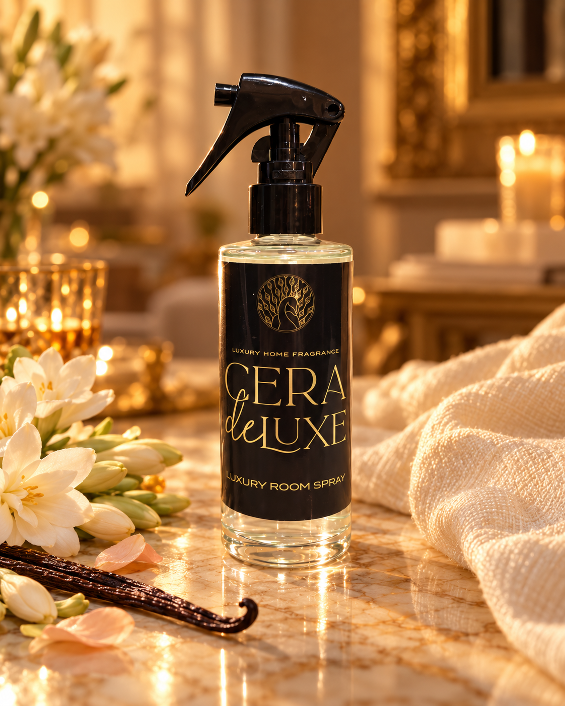 Cera De Luxe Tuberose & Vanilla room spray beside white flowers, vanilla pods and folded towels