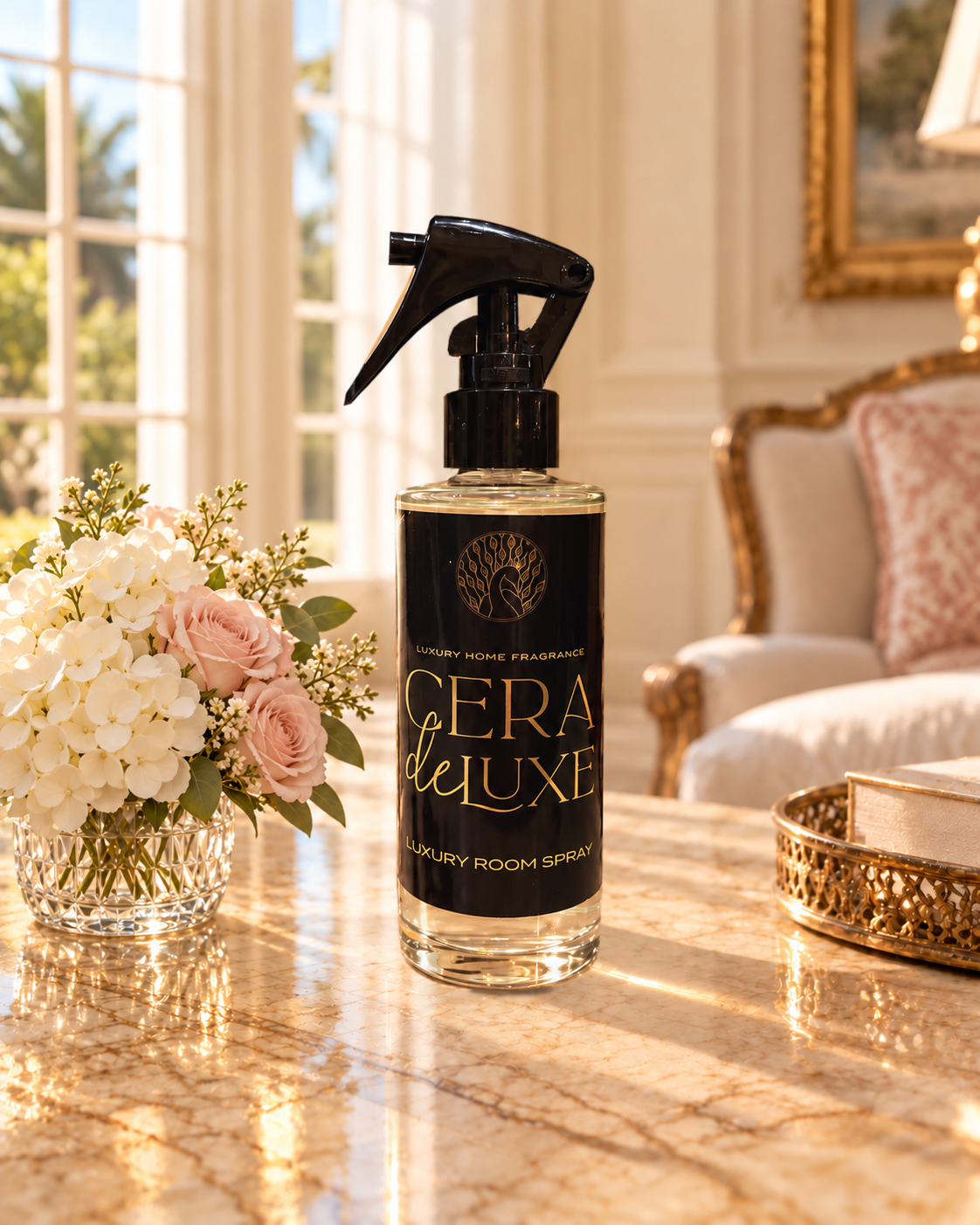 A bottle of Cera De Luxe Luxury Room Spray stands on a polished marble table in a bright, elegant room. The clear glass bottle contains a light yellow liquid and is topped with a black spray nozzle.