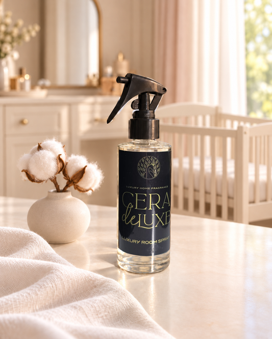 Cera De Luxe Baby Powder room spray on a white table beside cotton stems and soft fabric, with a cot in the background.