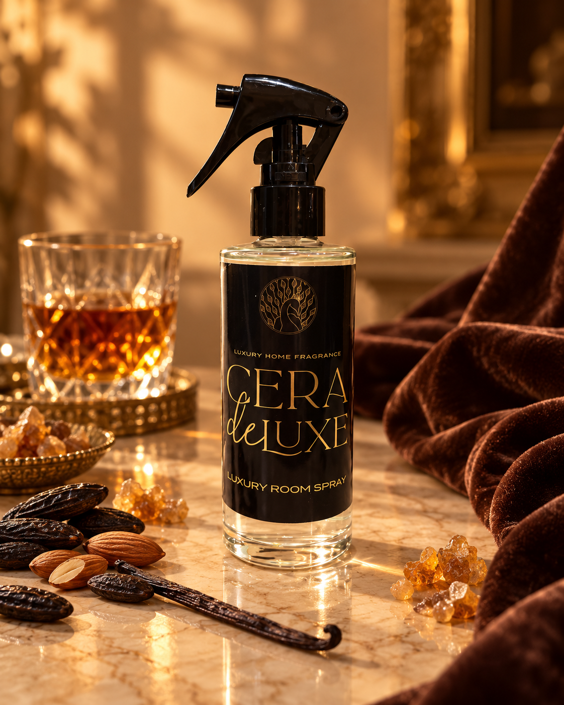 Cera De Luxe Tonka Bean & Myrrh luxury room spray in a clear glass bottle with a black trigger, beside almonds and vanilla pods in warm golden light.