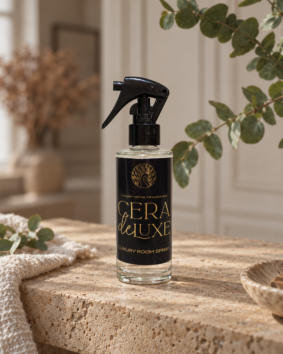 Cera De Luxe Swanky Spa room spray on a stone surface beside a folded towel and green foliage.
