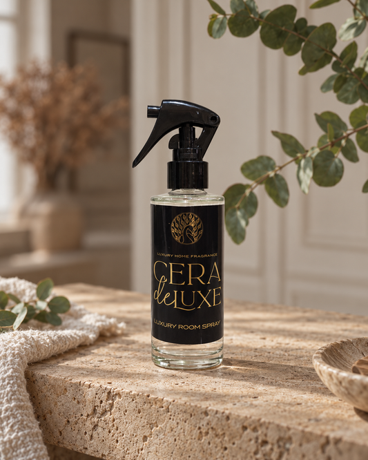 Cera De Luxe Swanky Spa room spray on a stone surface beside a folded towel and green foliage.